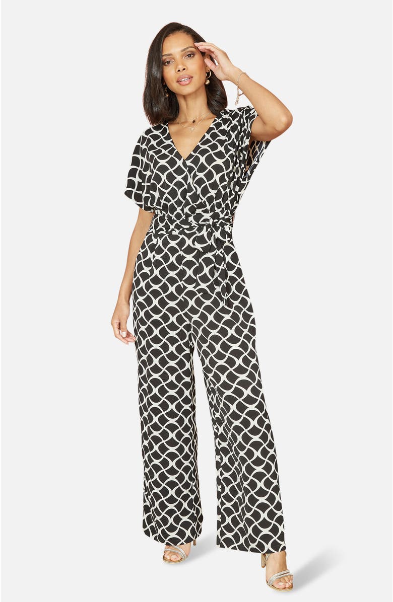Yumi Geometric Print Wrap Jumpsuit, Main, color, Black