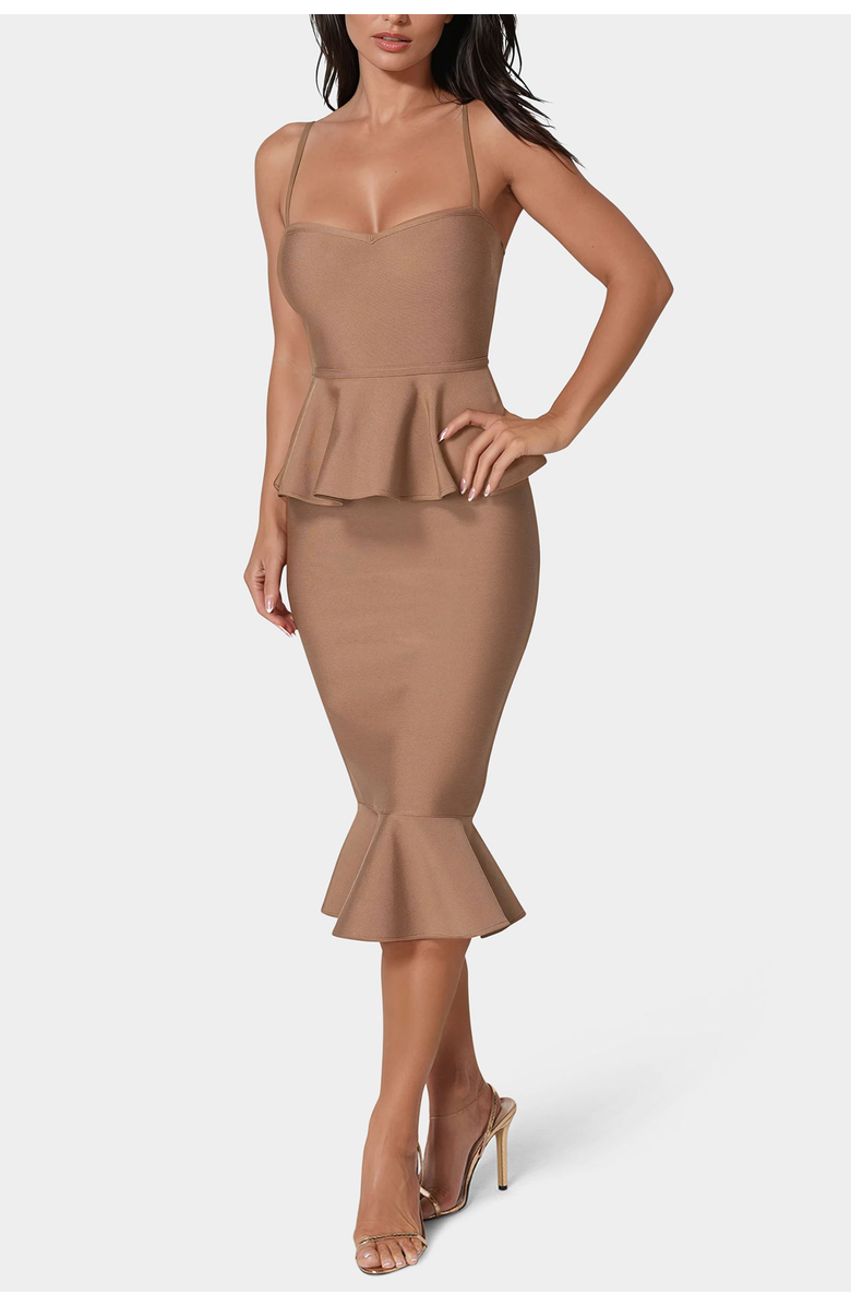 bebe Peplum Bandage Midi Cocktail Dress, Main, color, Mocha
