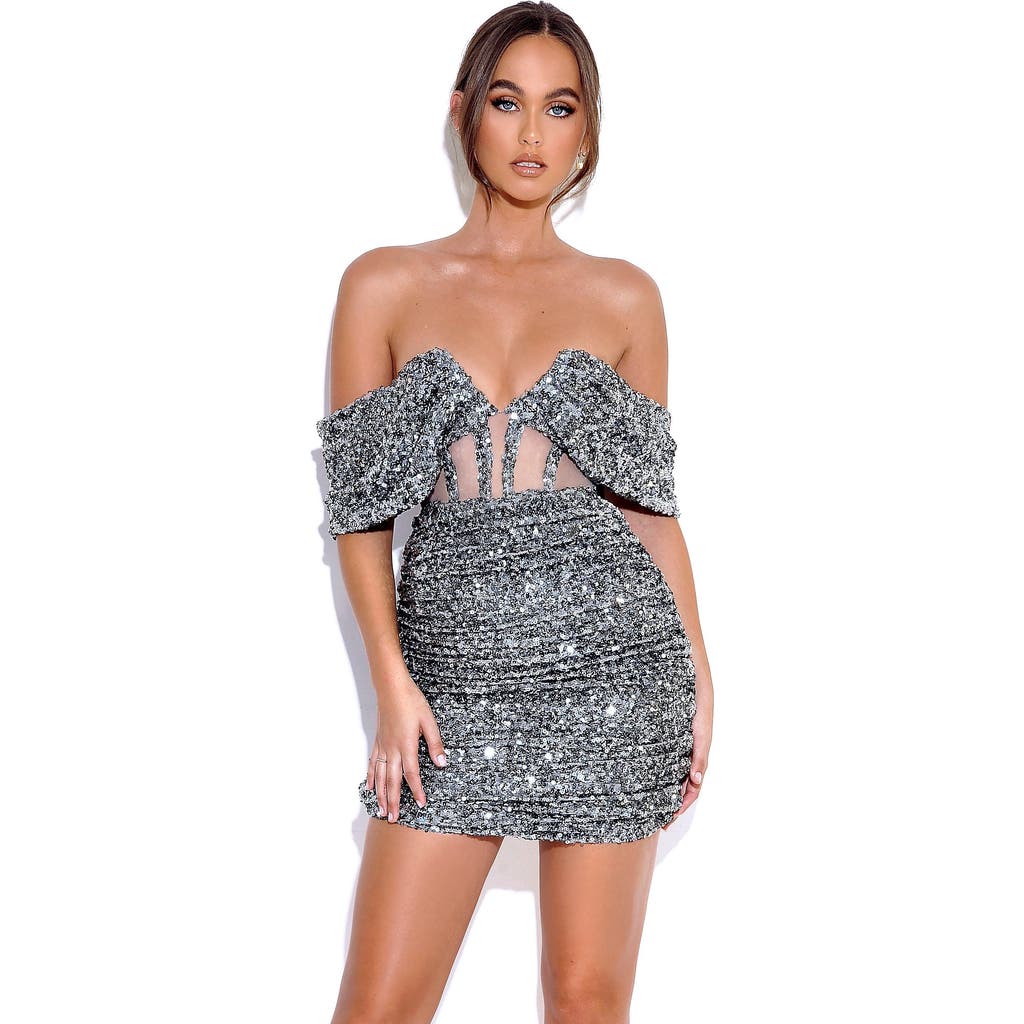 Miss Circle Weston Sequin Off Shoulder Corset Dress In Gray