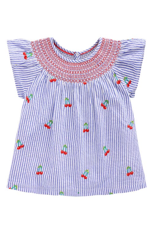 Mini Boden Kids' Smocked Embroidered Cotton Top In Blue Ticking Cherries