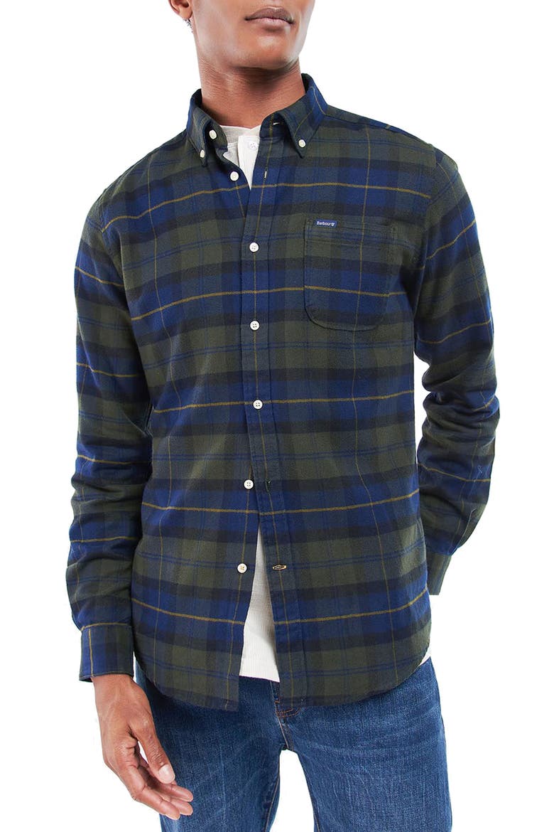 Kyeloch Tailored Fit Plaid Cotton Button-Down Shirt, Main, color, OLIVE NIGHT