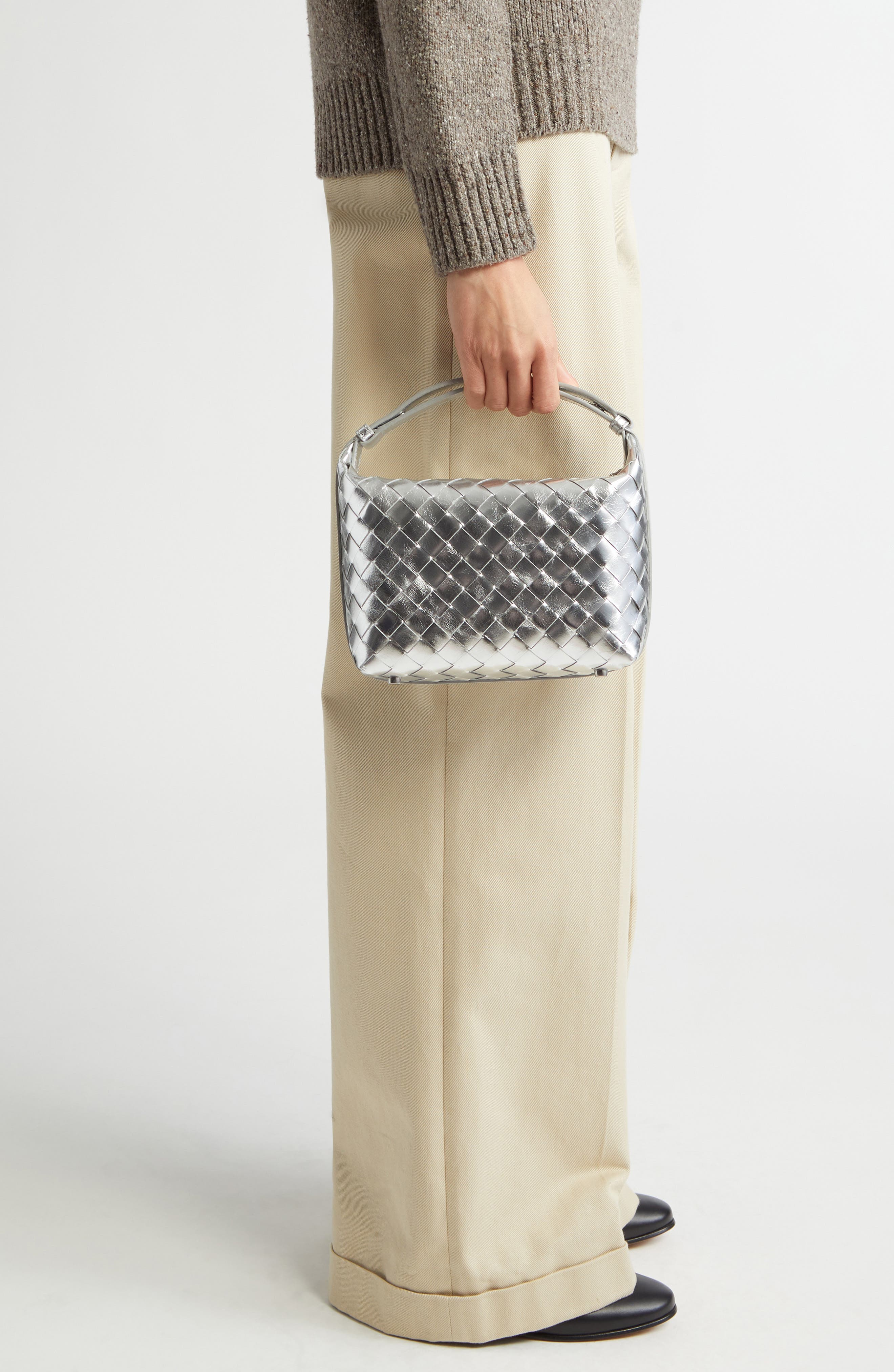 Bottega Veneta Mini Wallace Mirror Intrecciato Metallic Leather Shoulder Bag, Alternate, color, 8101 Silver/ Silver