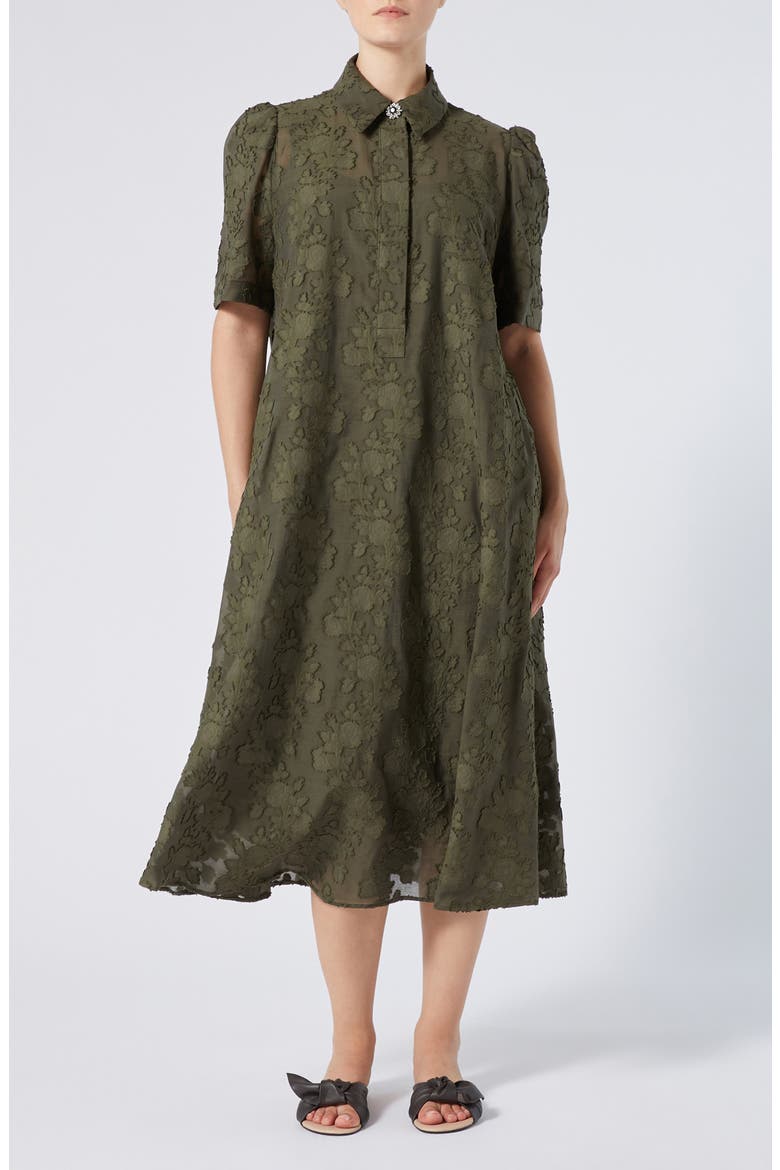 Alain Floral Puff Sleeve Midi Dress, Main, color, KAKI