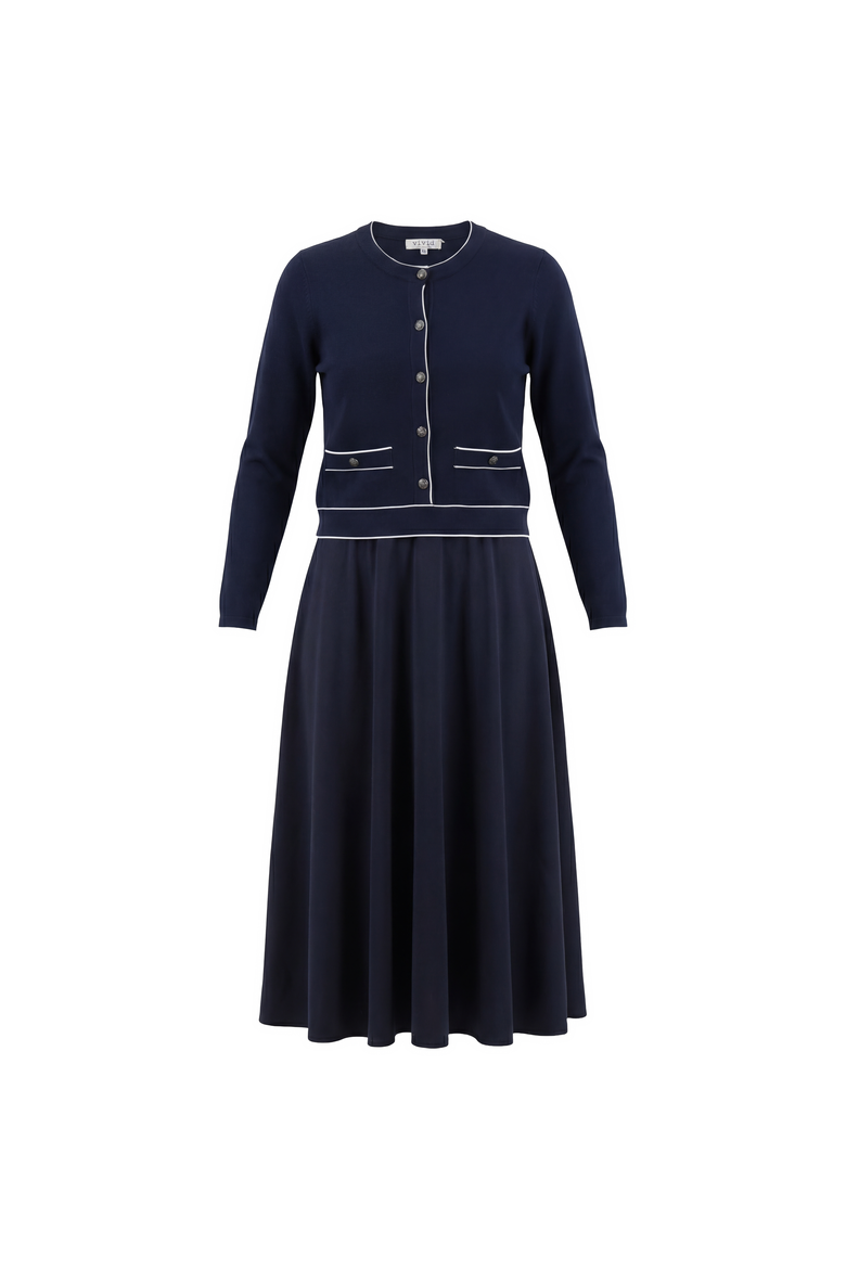 Crepe Knit Cardigan & Woven Midi Skirt Combo Dress Set, Main, color, Dark Navy