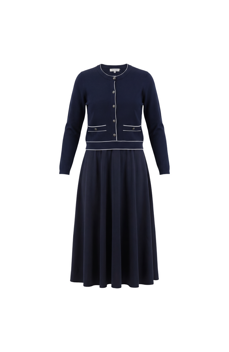 Vivid Crepe Knit Cardigan & Woven Midi Skirt Combo Dress Set, Main, color, Dark Navy