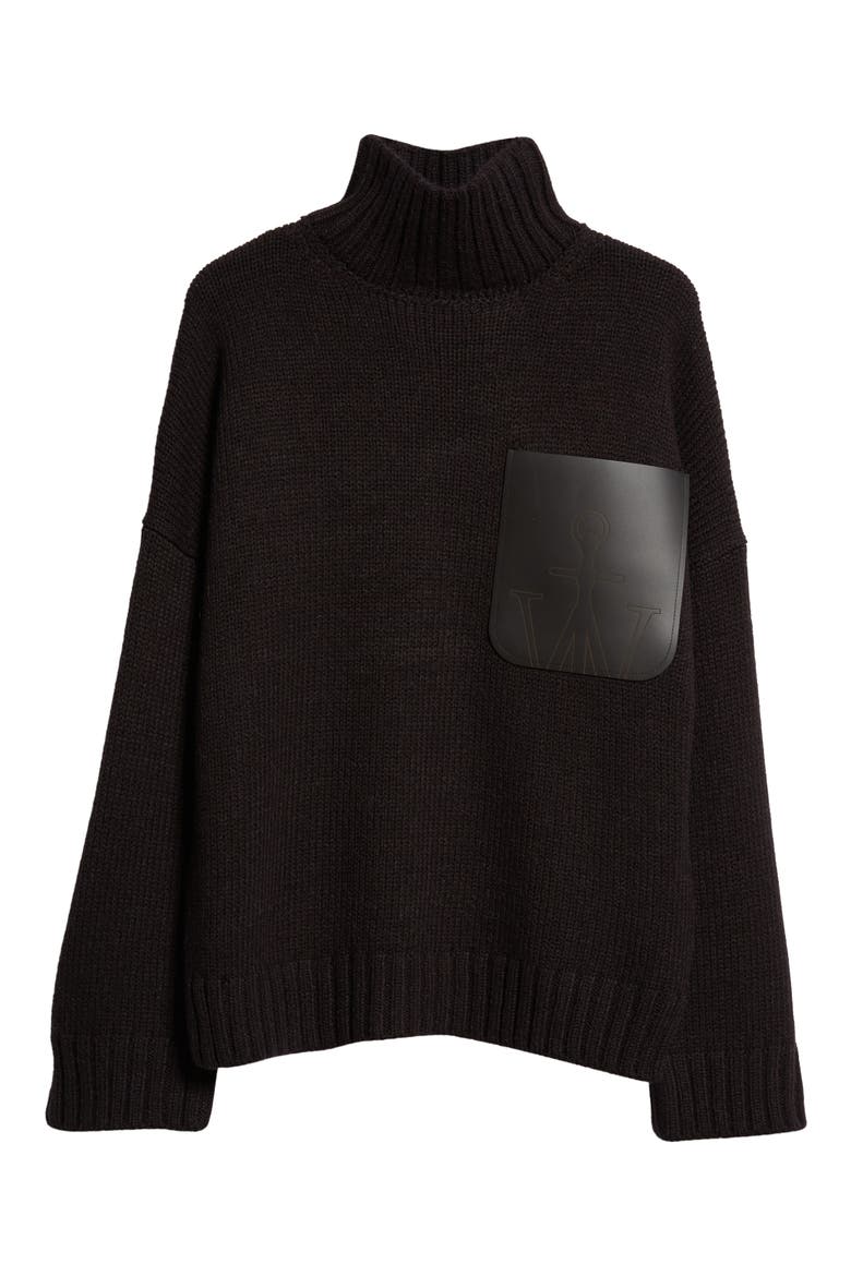 Oversize Padlock Detail Leather Patch Pocket Mock Neck Sweater, Alternate, color, BLACK