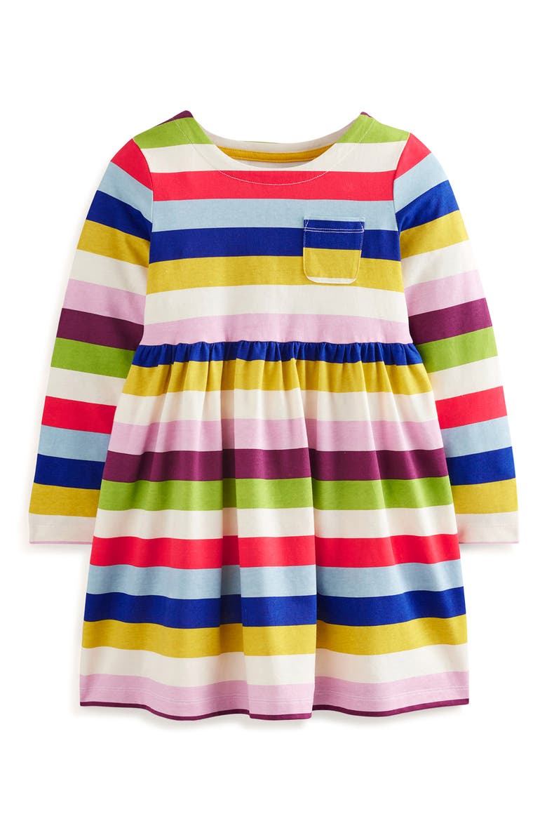 Kids' Fun Rainbow Stripe Long Sleeve Cotton Dress, Main, color, RAINBOW MULTI STRIPE