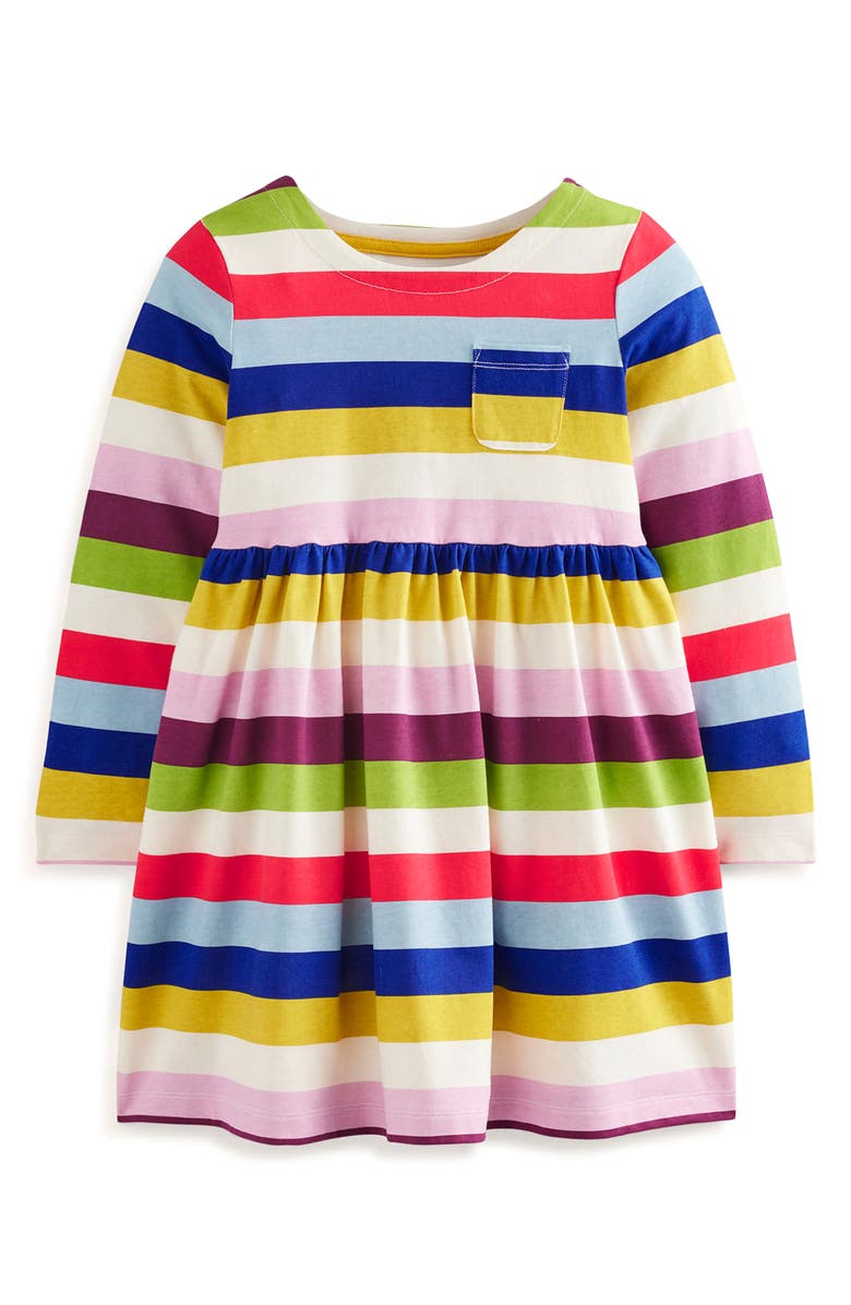 Mini Boden Kids' Fun Rainbow Stripe Long Sleeve Cotton Dress, Main, color,