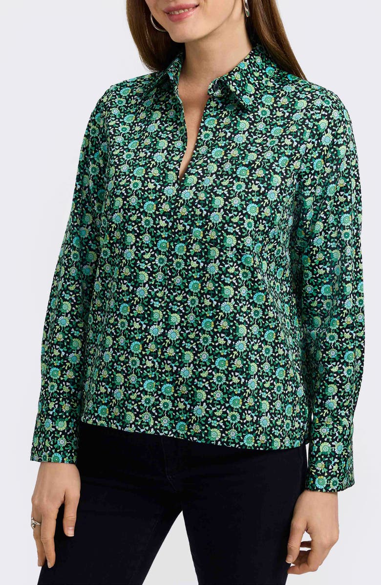Foxcroft Bella Geometric Floral Cotton Popover Top, Main, color, Green Multi