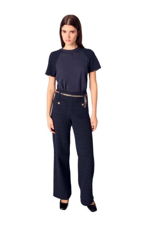 Maje Tweed Trousers With Chain Belt In Navy