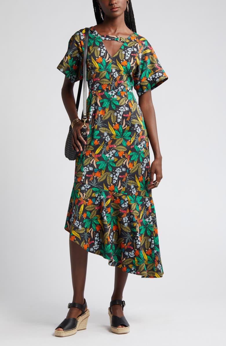 Du Paradis Floral Asymmetric Hem Dress, Main, color, Midnight Forest