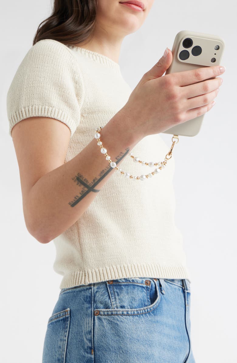 Chelsea28 Faux Pearl Beaded Phone Wrist Strap, Alternate, color, White- Gold