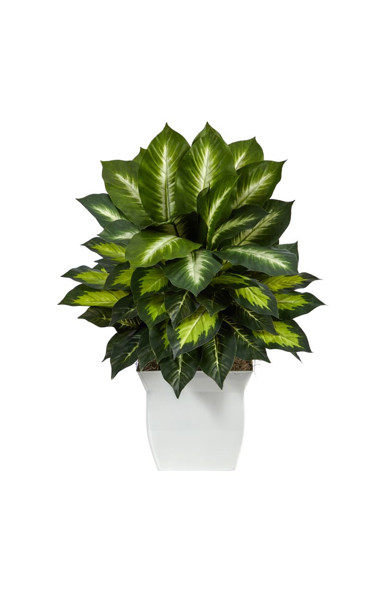 NEARLY NATURAL 2-ft Golden Dieffenbachia Artificial Plant in White Metal Planter, Main, color, Green