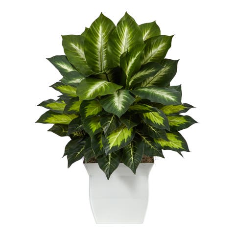 2-ft Golden Dieffenbachia Artificial Plant in White Metal Planter