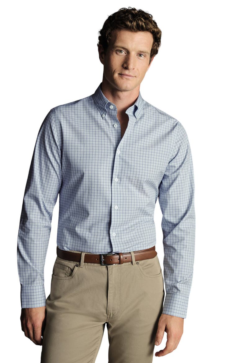Check Non-Iron Button-Down Oxford Slim Fit Shirt Single Cuff, Main, color, Mid Blue