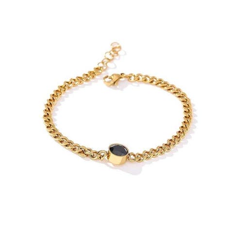 Gold Link Chain Bracelet with Black Crystal Charm