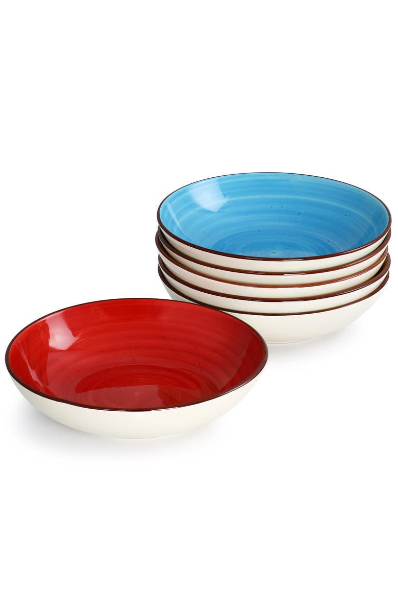 Elama Sebastian 18 Piece Double Bowl Stoneware Dinnerware Set, Alternate, color, Pink