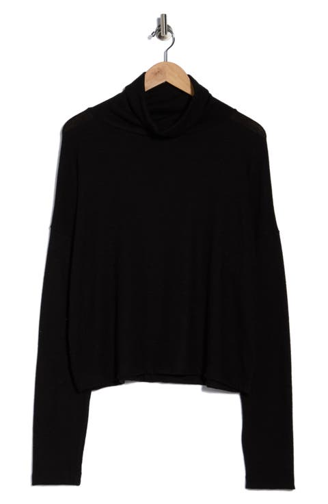 Cowl Neck Long Sleeve Brushed Knit Crop Top (Plus)