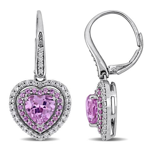 Pink & White Sapphire Heart Earrings 10K