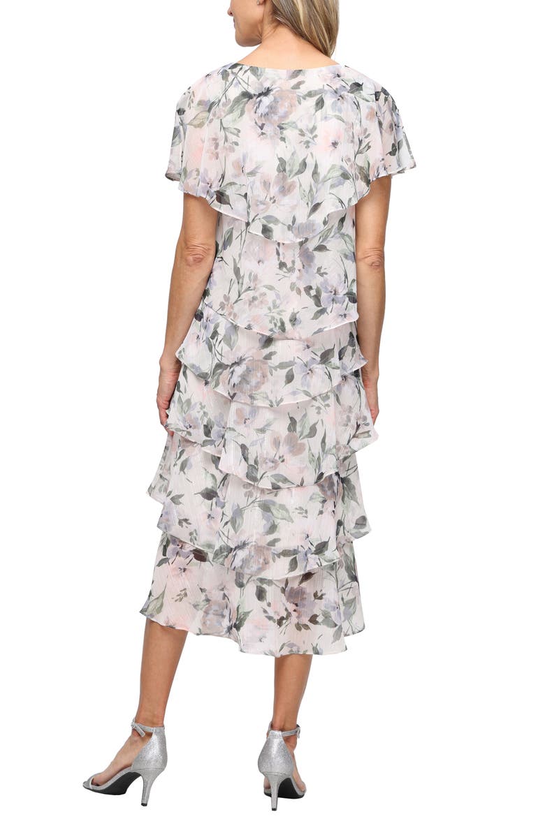 SL FASHIONS Tiered Floral Shimmer Midi Dress, Alternate, color, Taupe Multi