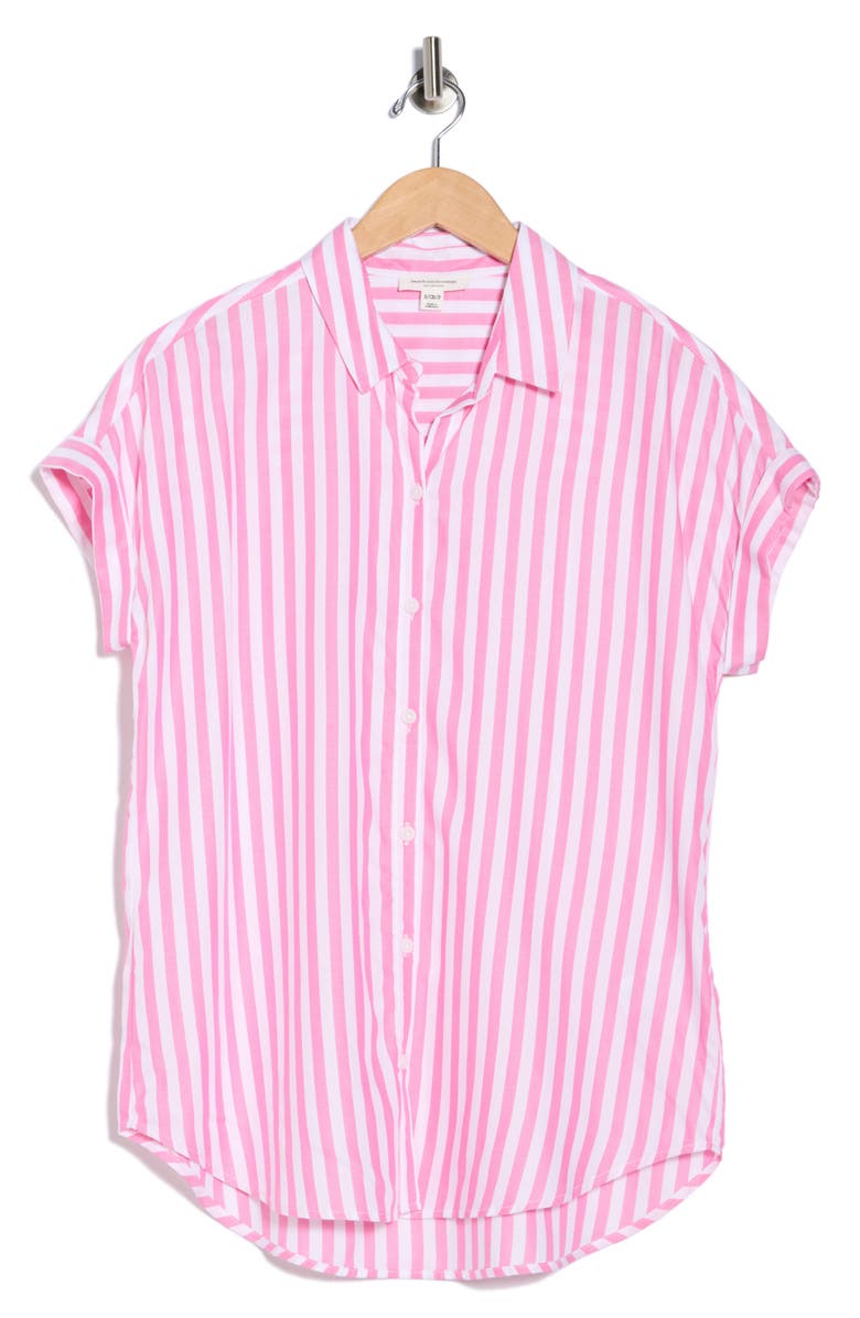 beachlunchlounge Kenzie Stripe Short Sleeve Button-Up Shirt, Alternate, color, Pure Pink