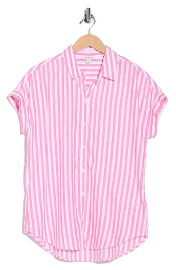 Beachlunchlounge Kenzie Stripe Short Sleeve Button-up Shirt In Pink