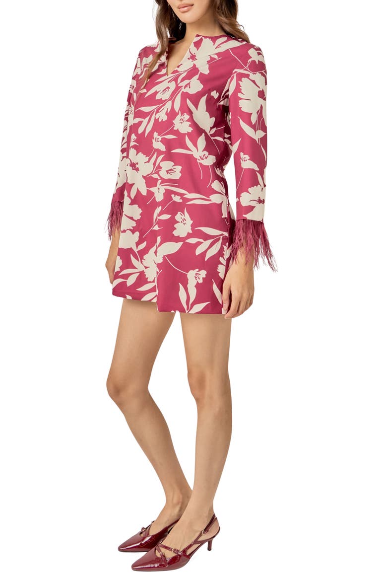 Feather Trim Minidress, Alternate, color, BURGUNDY MULTI