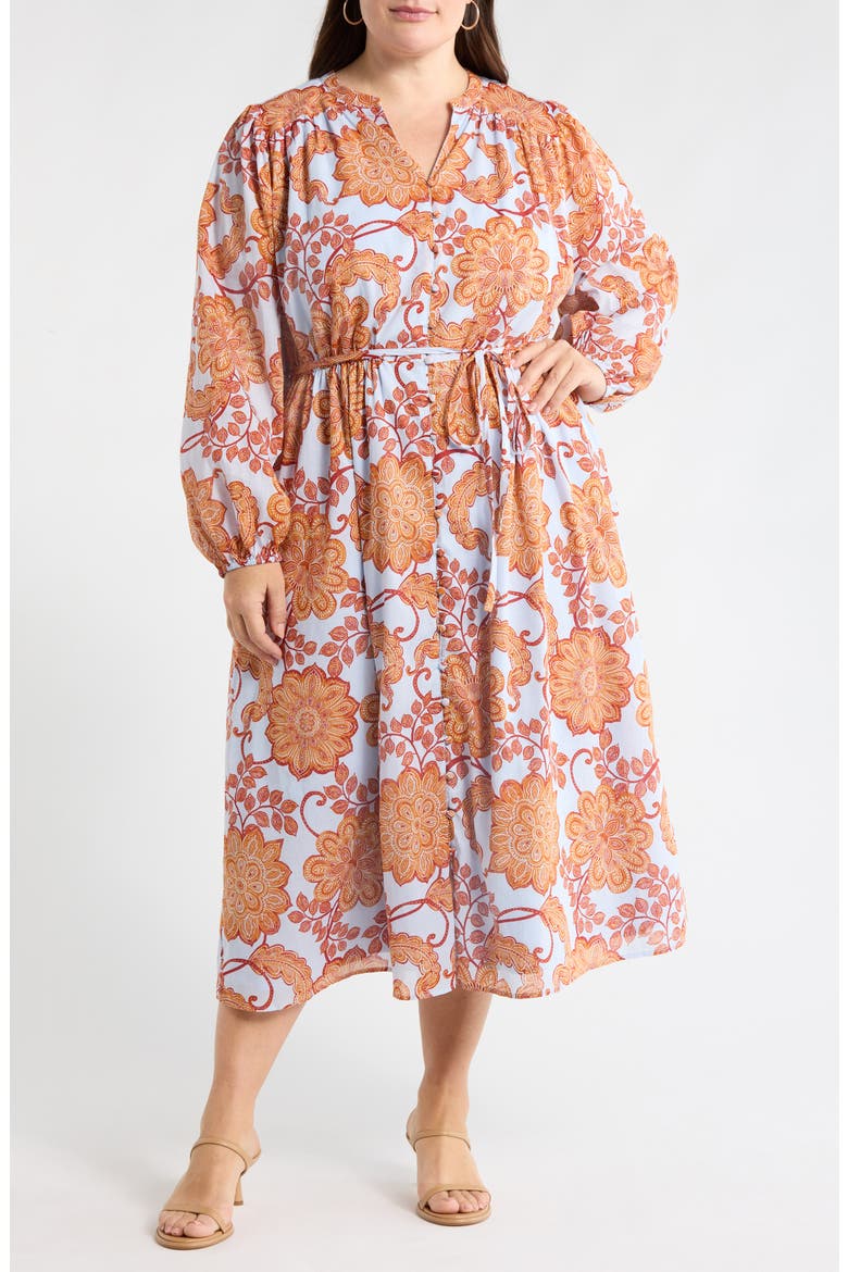 Siany Floral Ameni Long Sleeve Midi Shirtdress, Main, color, BROWN-BLUE