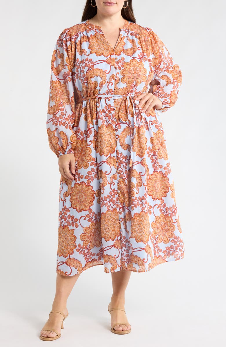 SUGARLIPS Siany Floral Ameni Long Sleeve Midi Shirtdress, Main, color, Brown-Blue