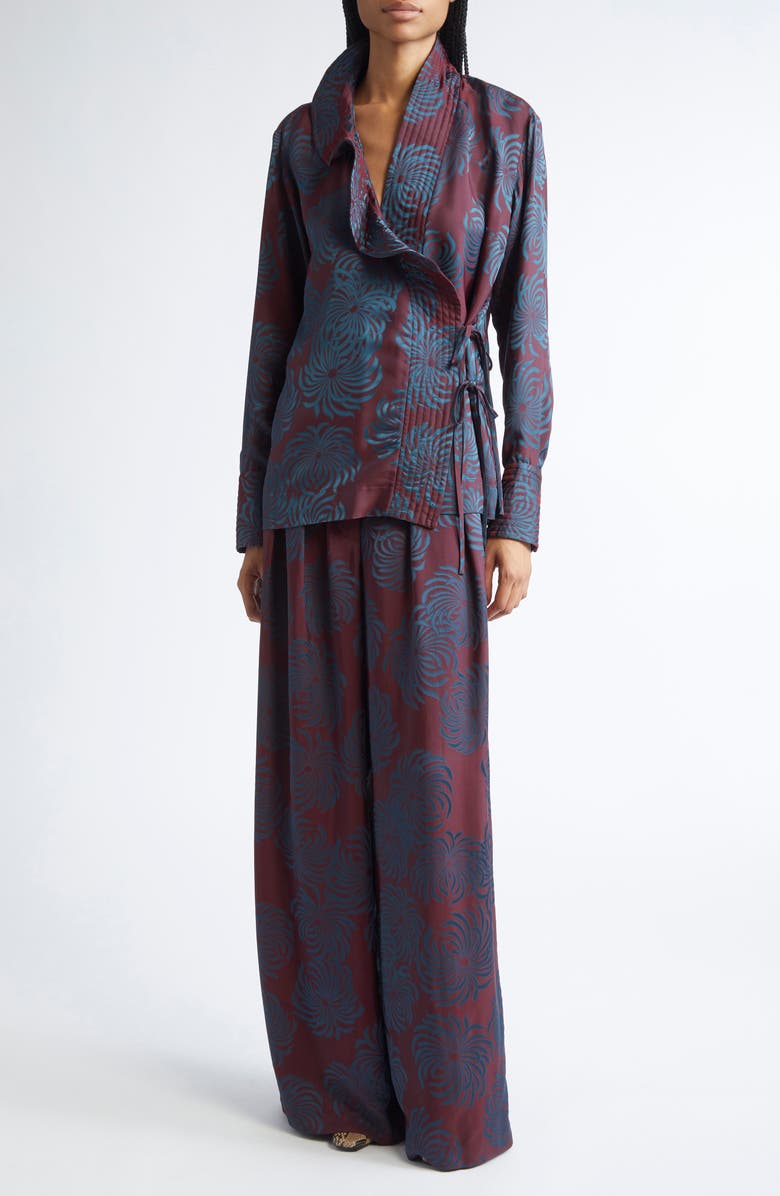 Dries Van Noten Pamplona Jacquard Pleated Wide Leg Pants, Alternate, color, Burgundy