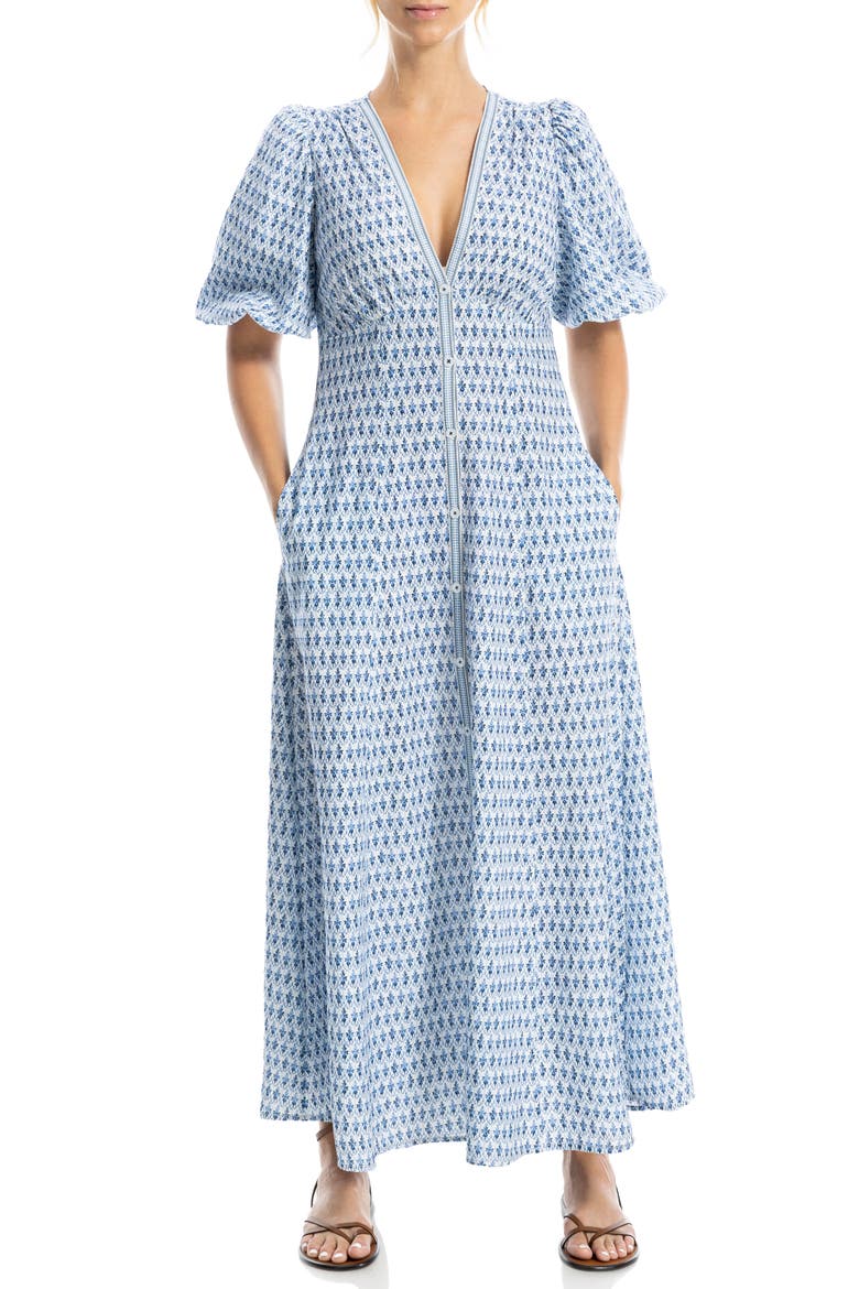 Bubble Sleeve Maxi Dress, Main, color, CREAM/ BLUE DAISY STAMP