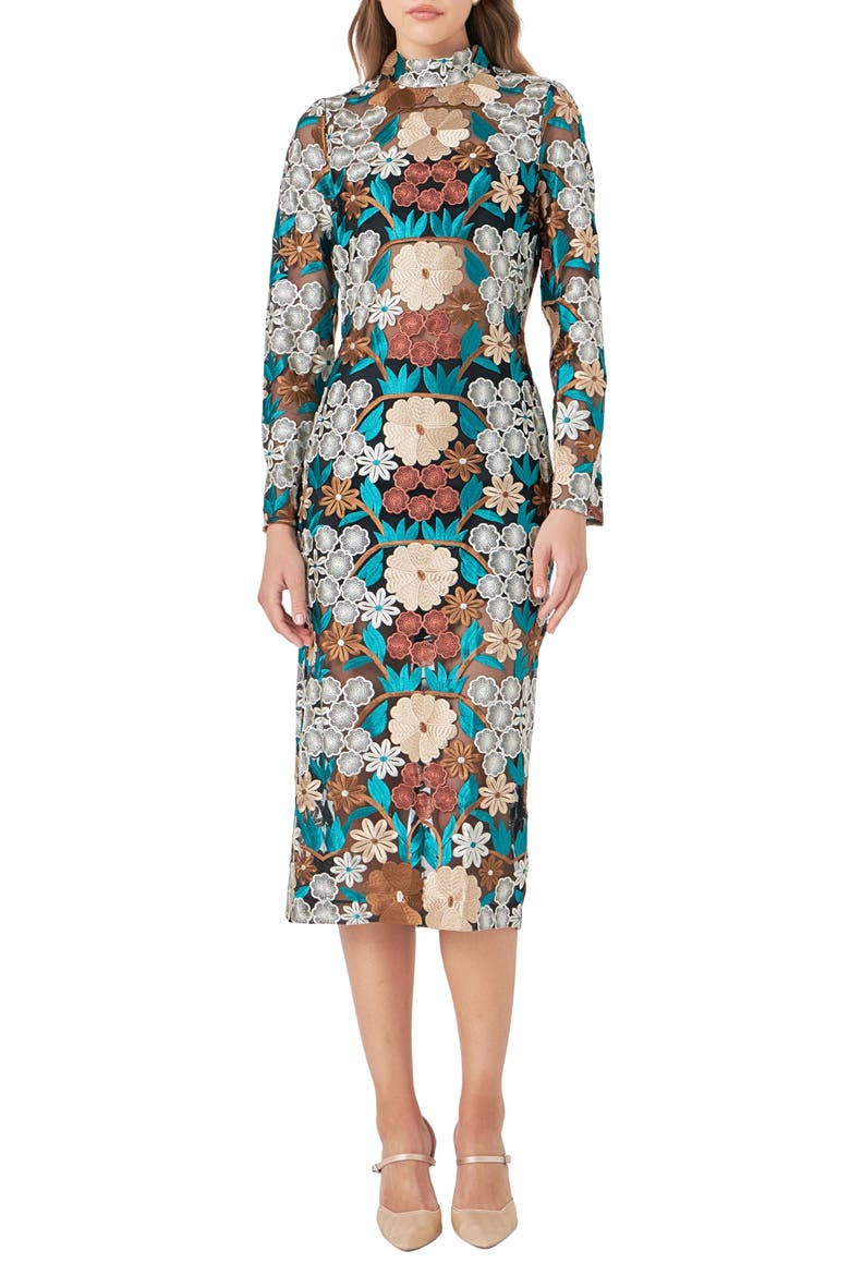 Floral Embroidered Long Sleeve Dress, Main, color, GREEN MULTI