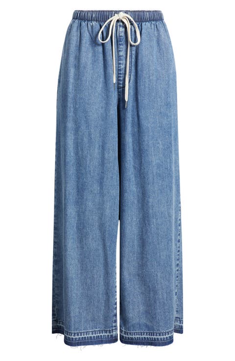 Drawstring Raw Hem Wide Leg Pants