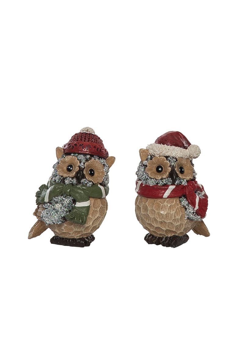 Small Resin Bundled Up Owl Figurine Set of 2 Christmas Decor, Main, color, Brown