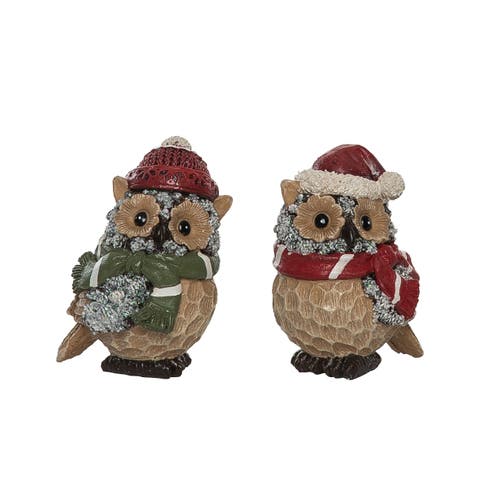 Small Resin Bundled Up Owl Figurine Set of 2 Christmas Decor