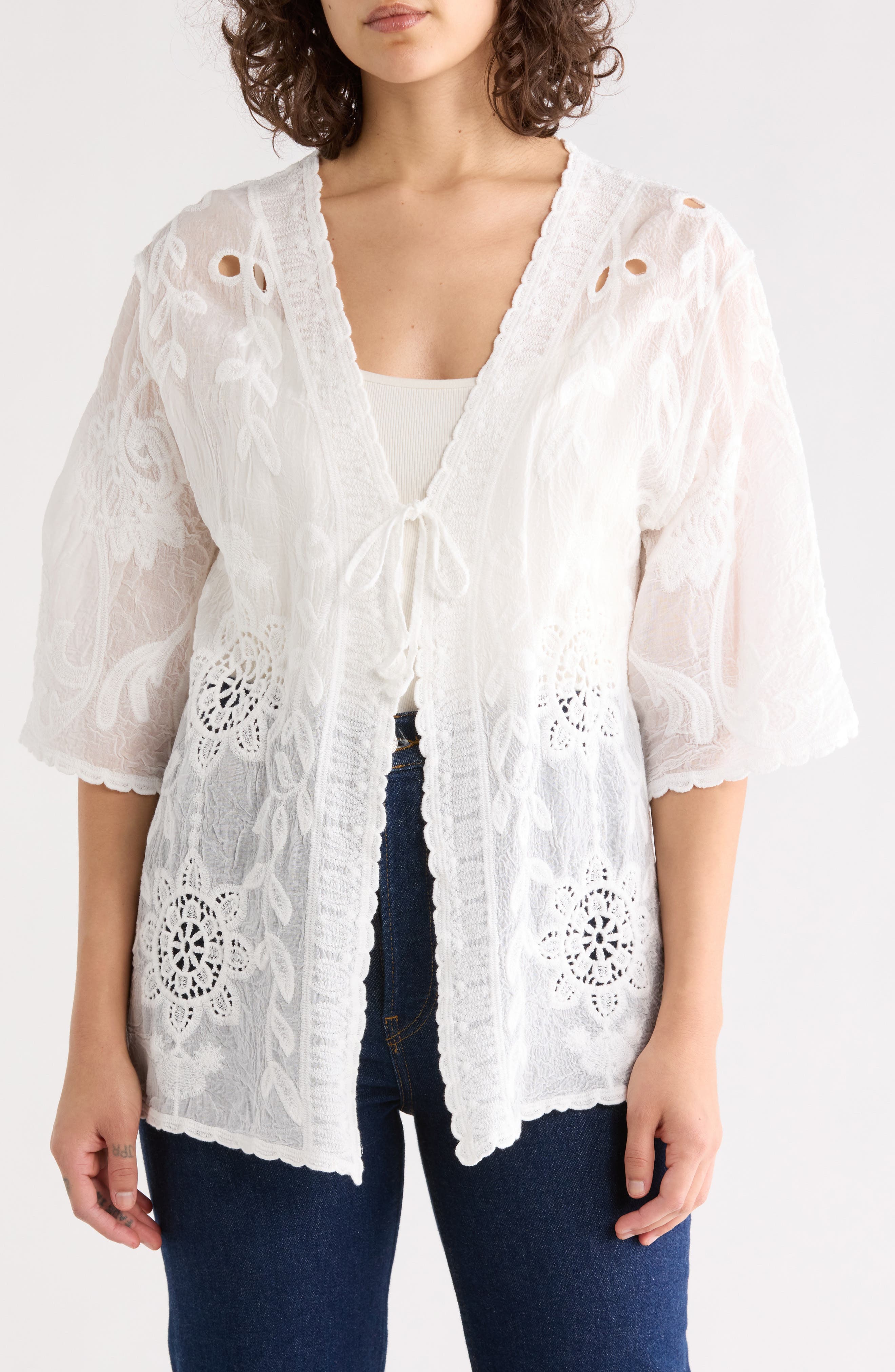 Forgotten Grace Floral Embroidered Tie Front Cardigan