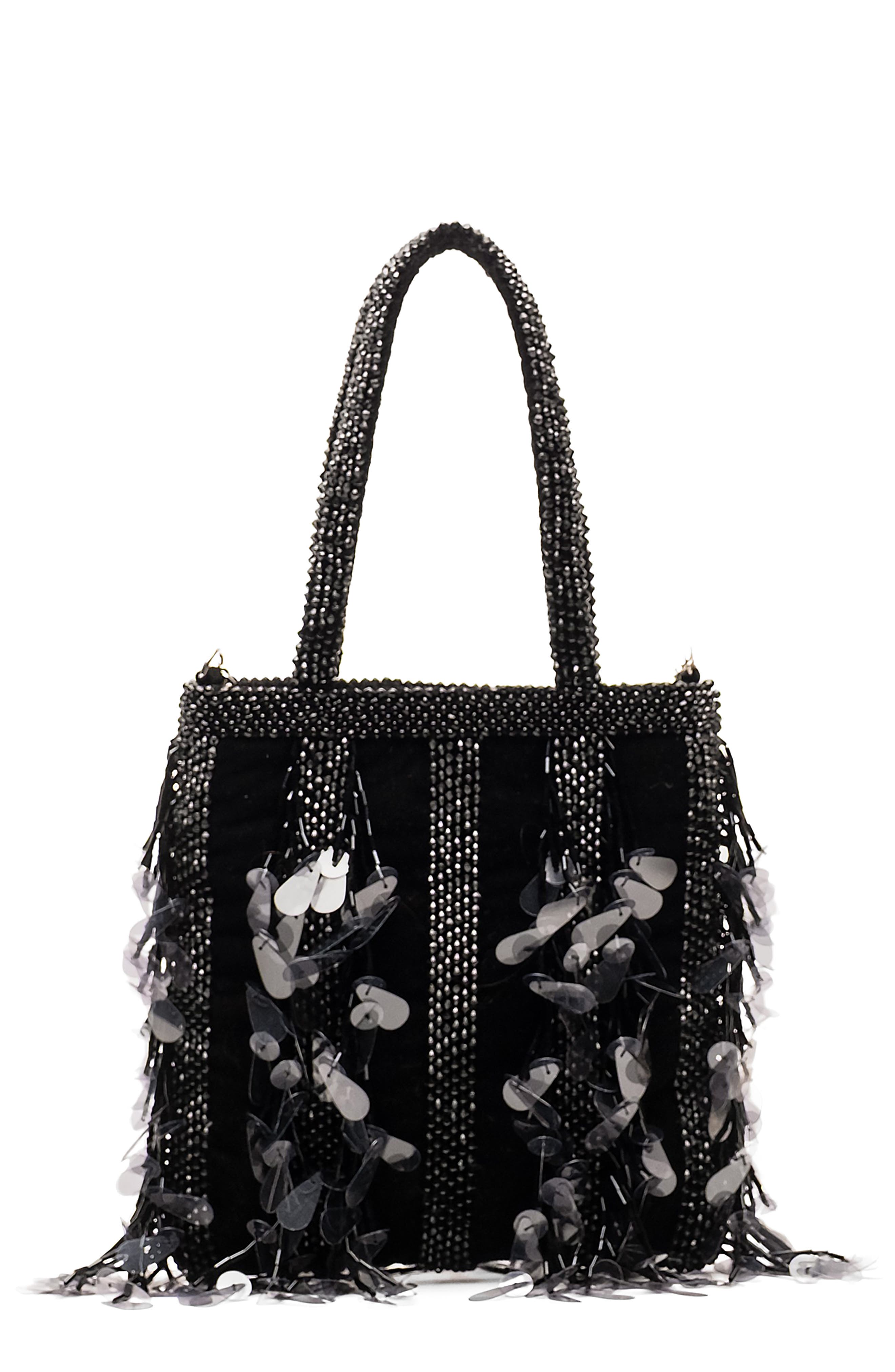 Frances Valentine Gatsby Mini Beaded & Sequin Velvet Tote Bag, Main, color, Black