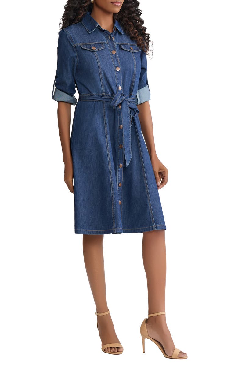 Jones New York Tie Waist Denim Midi Shirtdress, Alternate, color, 