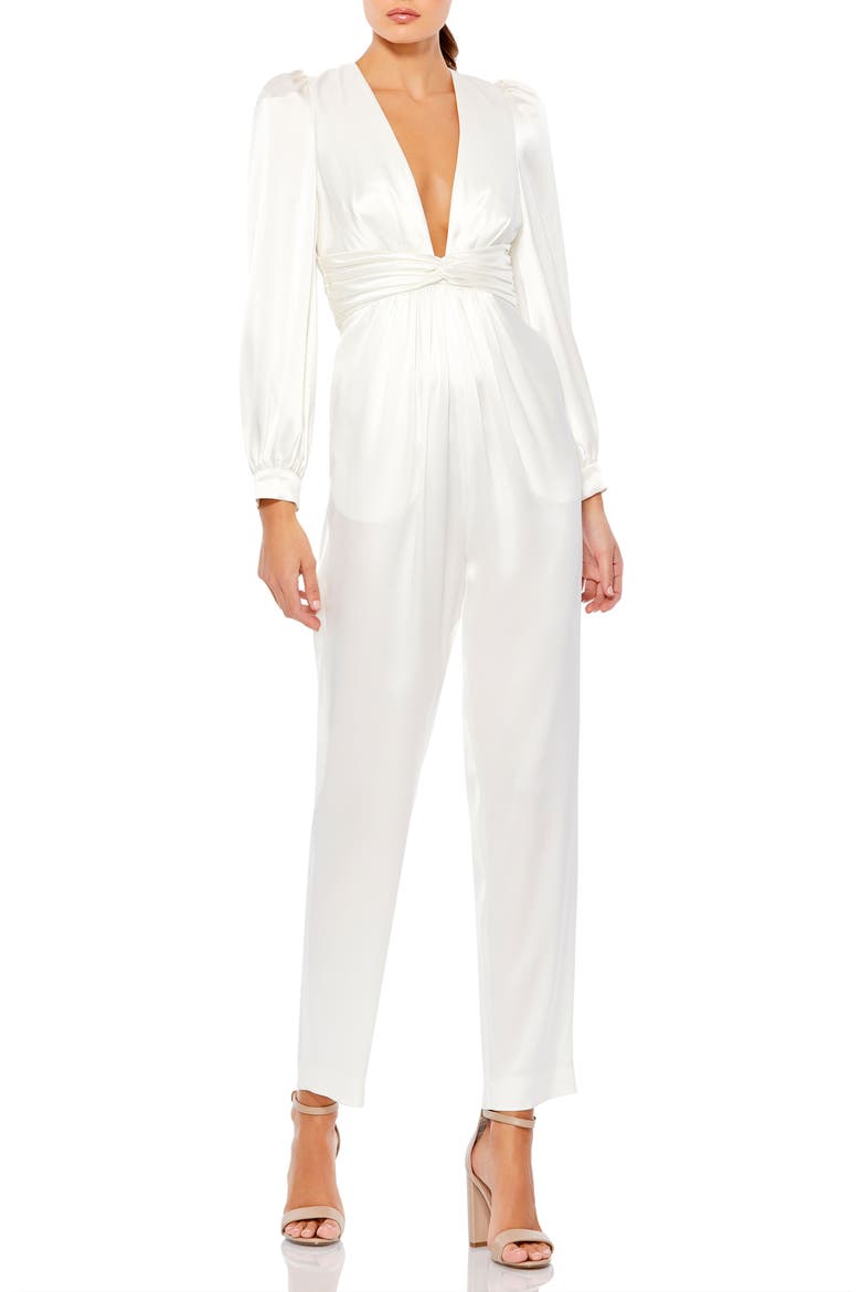 Satin Charmeuse Long-Sleeve Jumpsuit with Plunging Neckline & Ruched Waist, Main, color, White