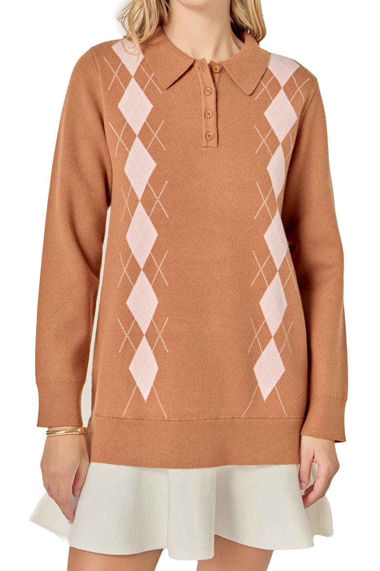 Argyle Long Sleeve Knit Minidress, Alternate, color, TAN/ PINK