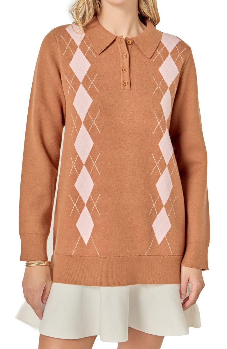 English Factory Argyle Long Sleeve Knit Minidress, Alternate, color, Tan/ Pink