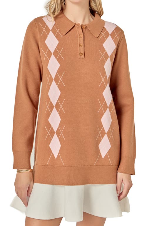 English Factory Argyle Long Sleeve Knit Minidress In Brown