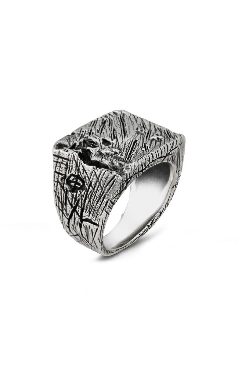 Yield of Men Sterling Silver Tree Bark Signet Ring, Main, color, Silver