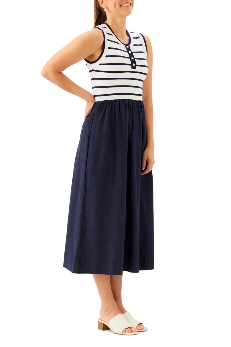 Stripe Mixed Media Midi Dress, Alternate, color, NAVY W/ OFF WHITE