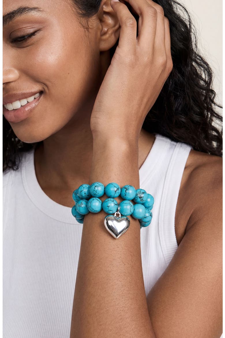 Luck & Love Stone Puffy Heart Stretch Bracelet, Alternate, color, TURQUOISE AND SILVER