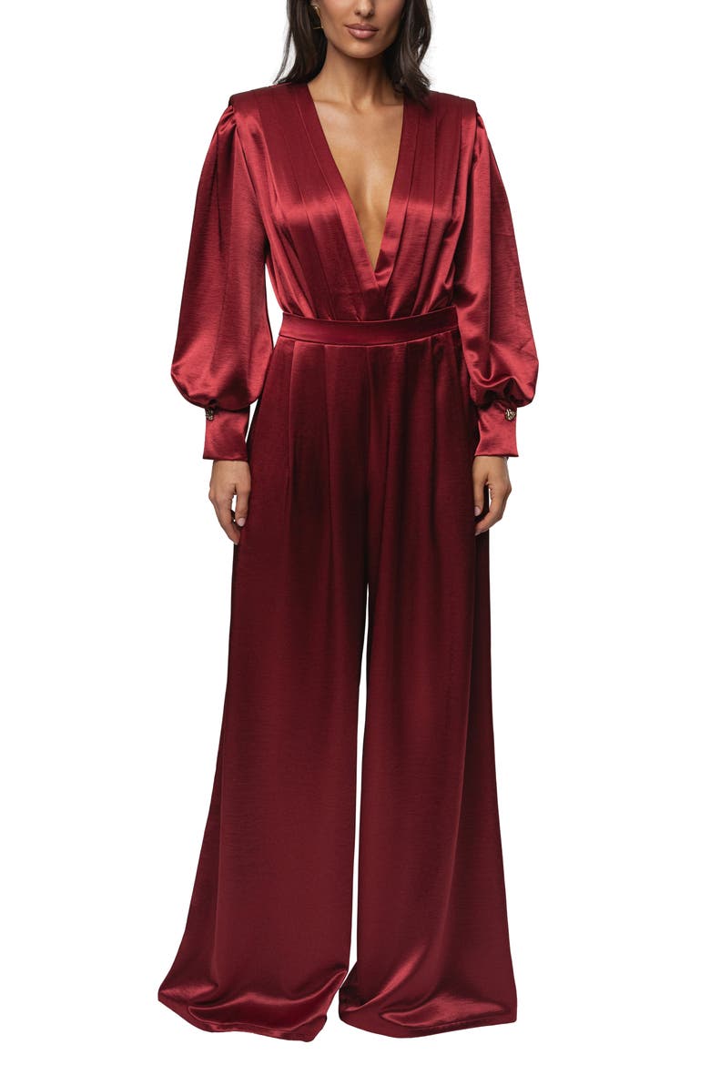 Pleated Wide Leg Satin Pants, Alternate, color, RED