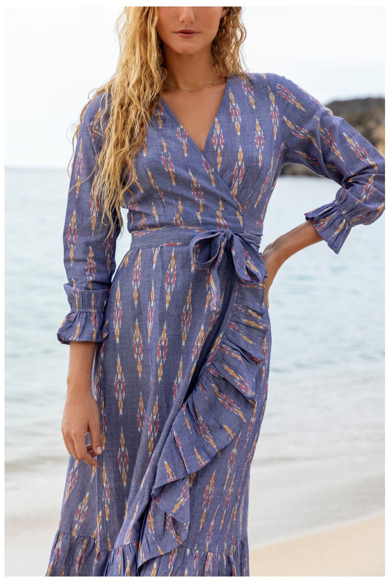 Genevieve Womens Ruffle Wrap Dress Chambray Ikat, Alternate, color, Blue