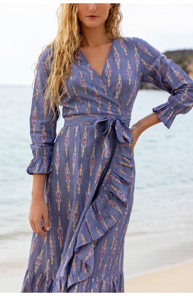Mer St. Barth Genevieve Womens Ruffle Wrap Dress Chambray Ikat, Alternate, color, Blue