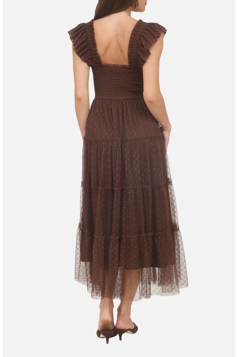 Mesh Smocked Tiered Midi Dress, Alternate, color, BROWN
