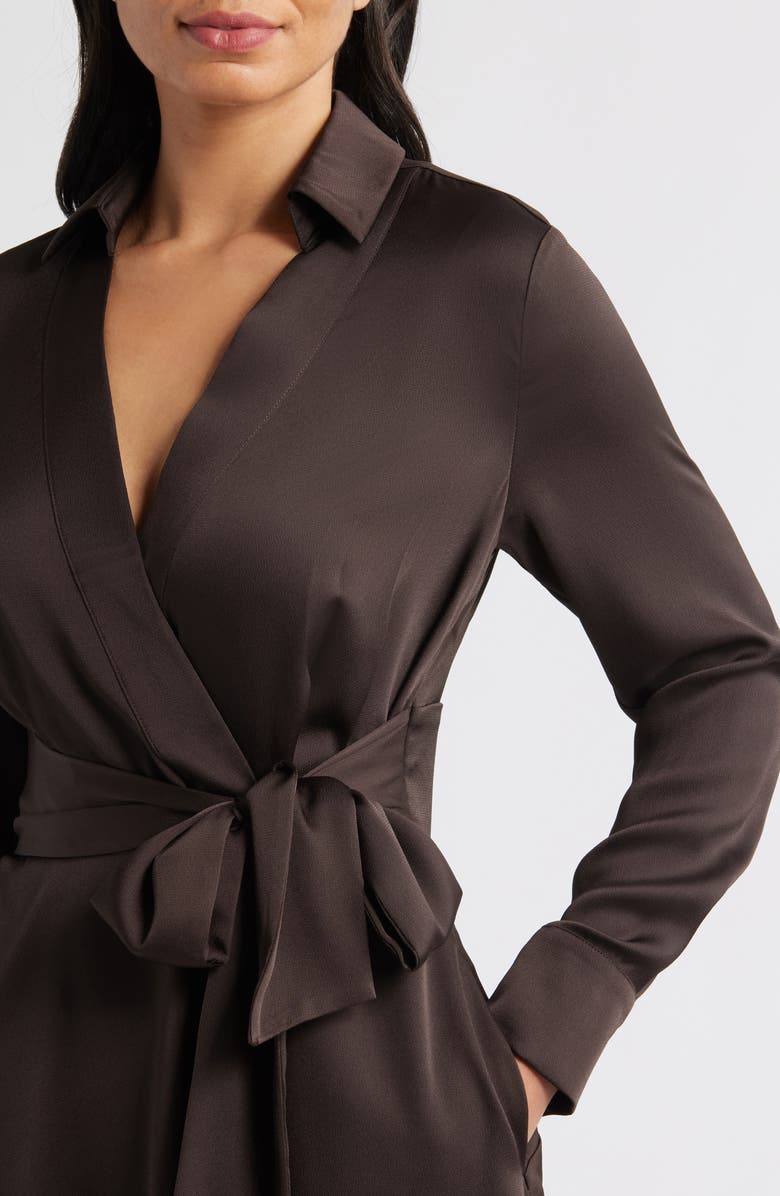 Tahari ASL Printed Long Sleeve Faux Wrap Matte Satin Shirtdress, Alternate, color, Chocolate